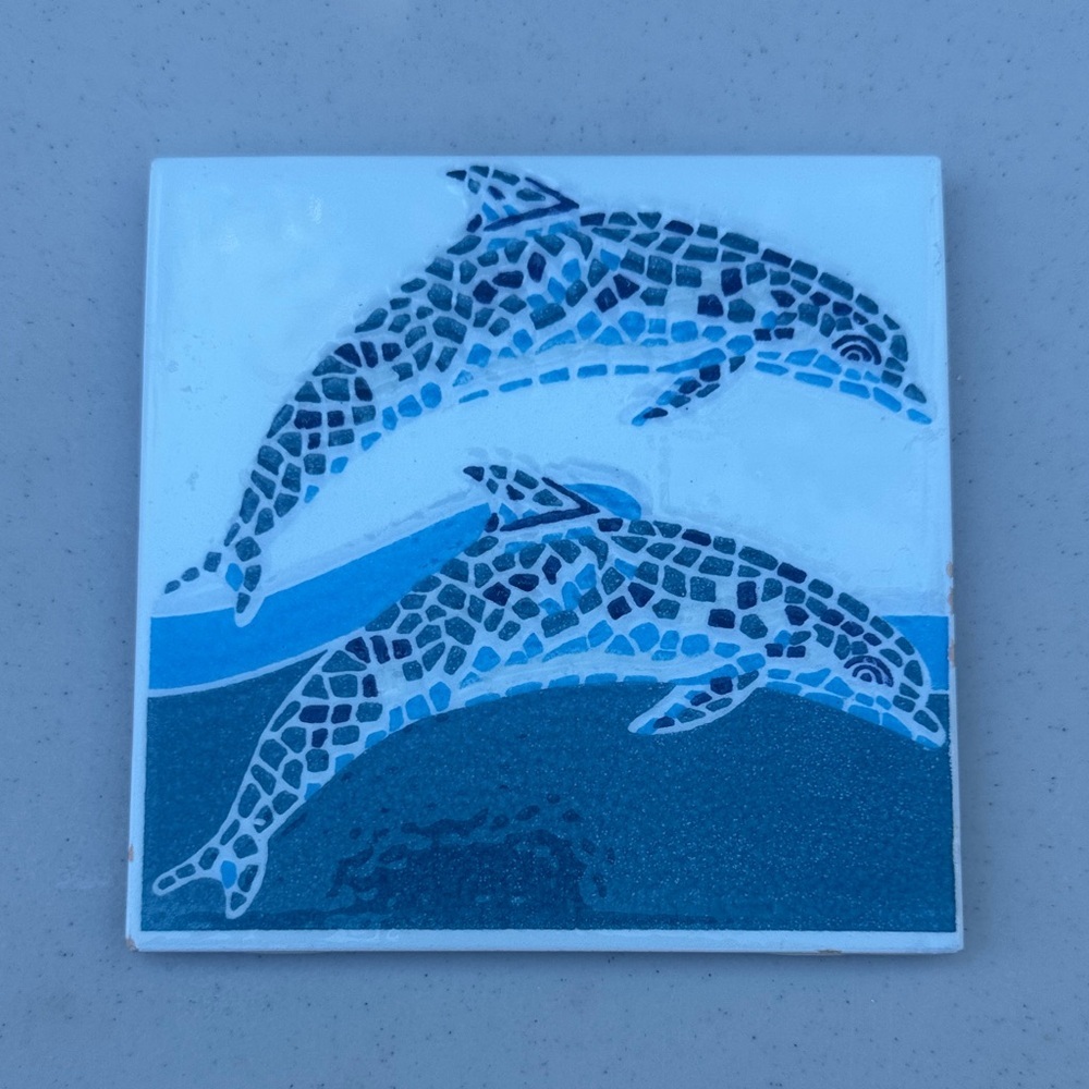 Handmade Mosaic Dolphin Tile Art, Made in Brazil, 6” x 6”